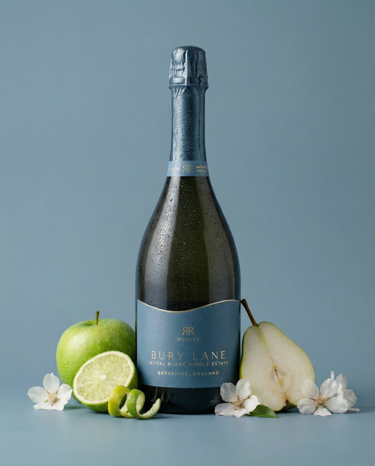 Bottle of Bury Lane sparkling wine with fruits and flowers on a blue background