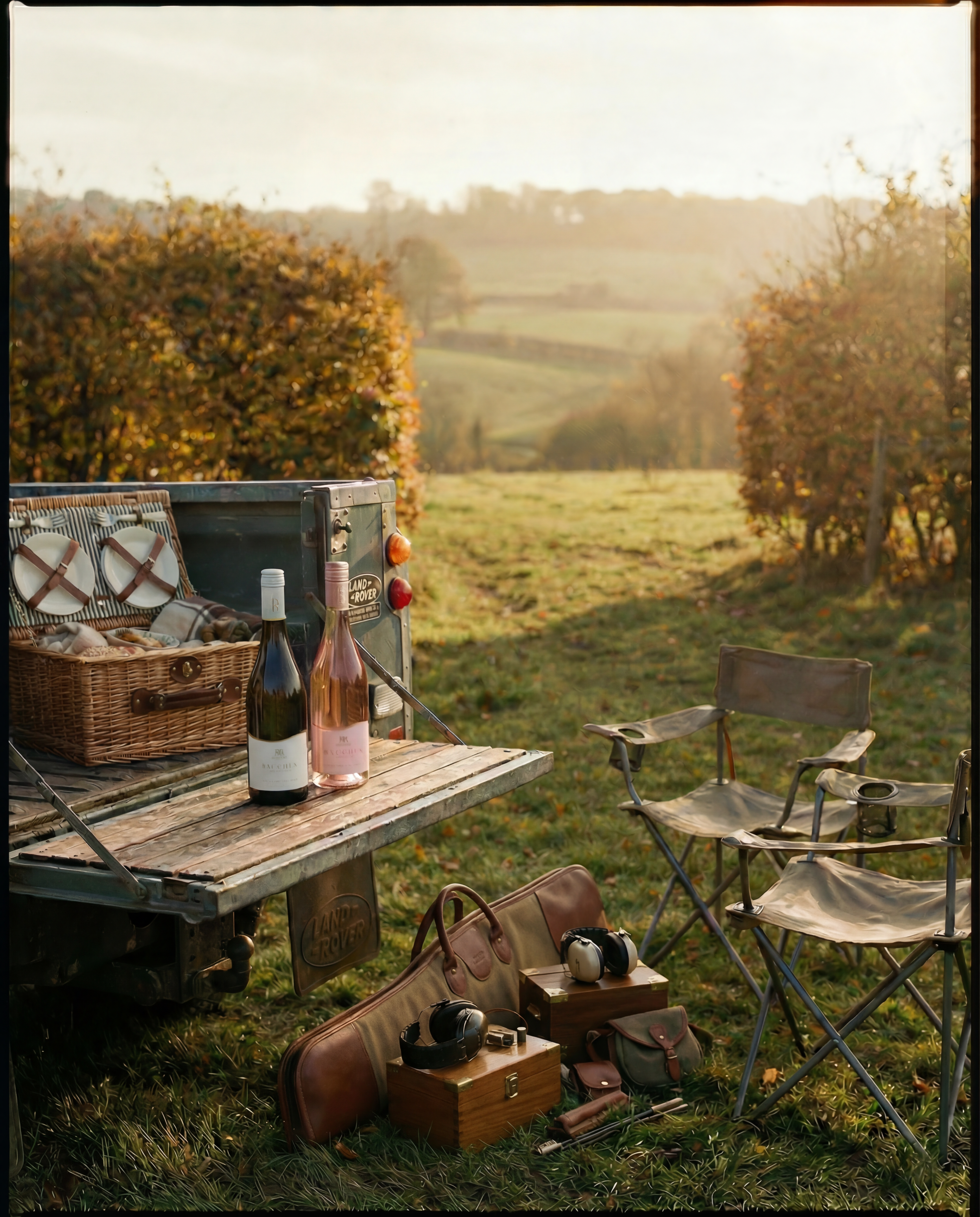 Picnic setup with bottles, basket, and chairs in a field