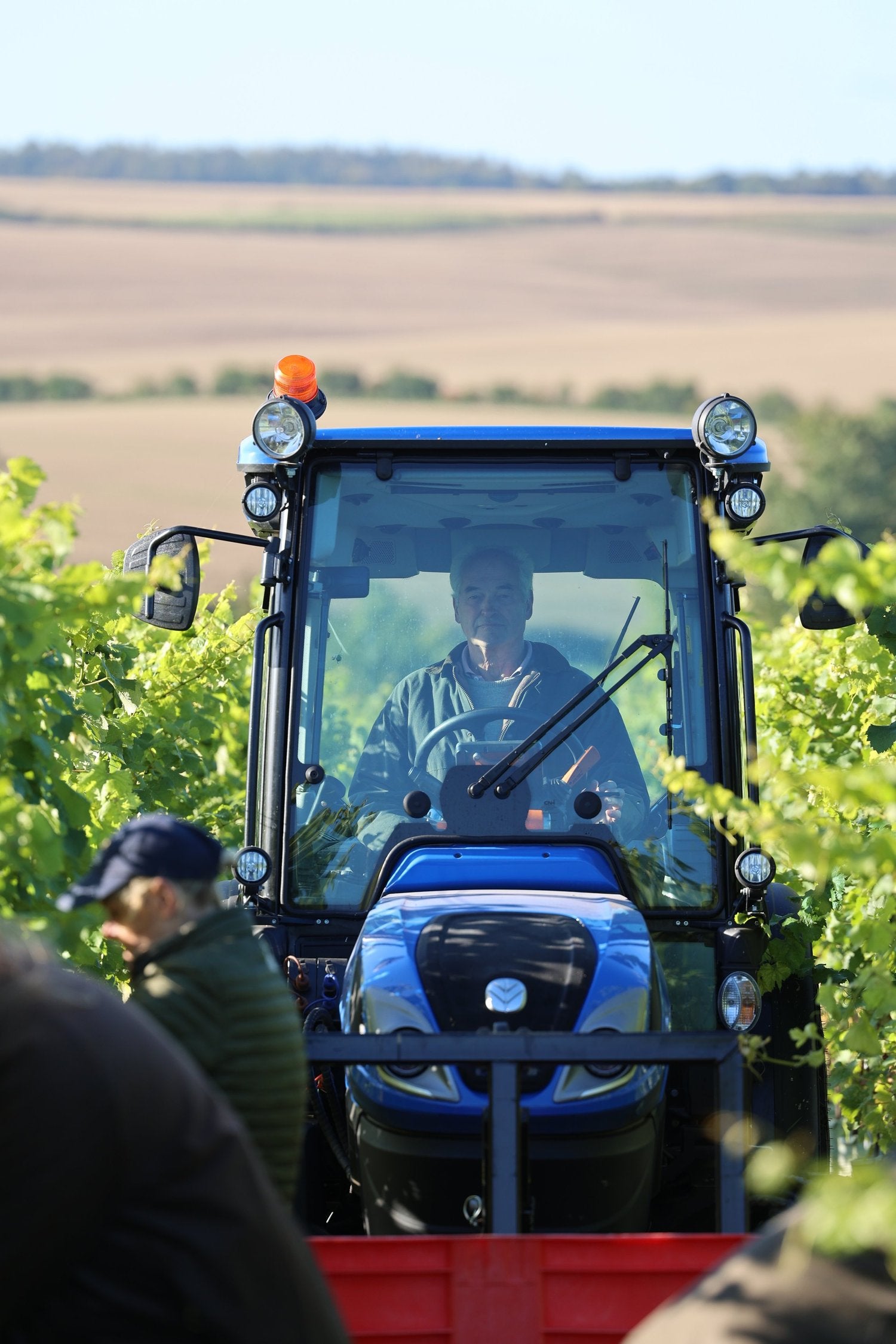 Peter driving a blue tractor in a field with greenery around