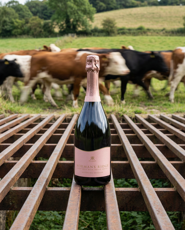 Bottle of english sparkling rosé on a metal grate with cows in the background