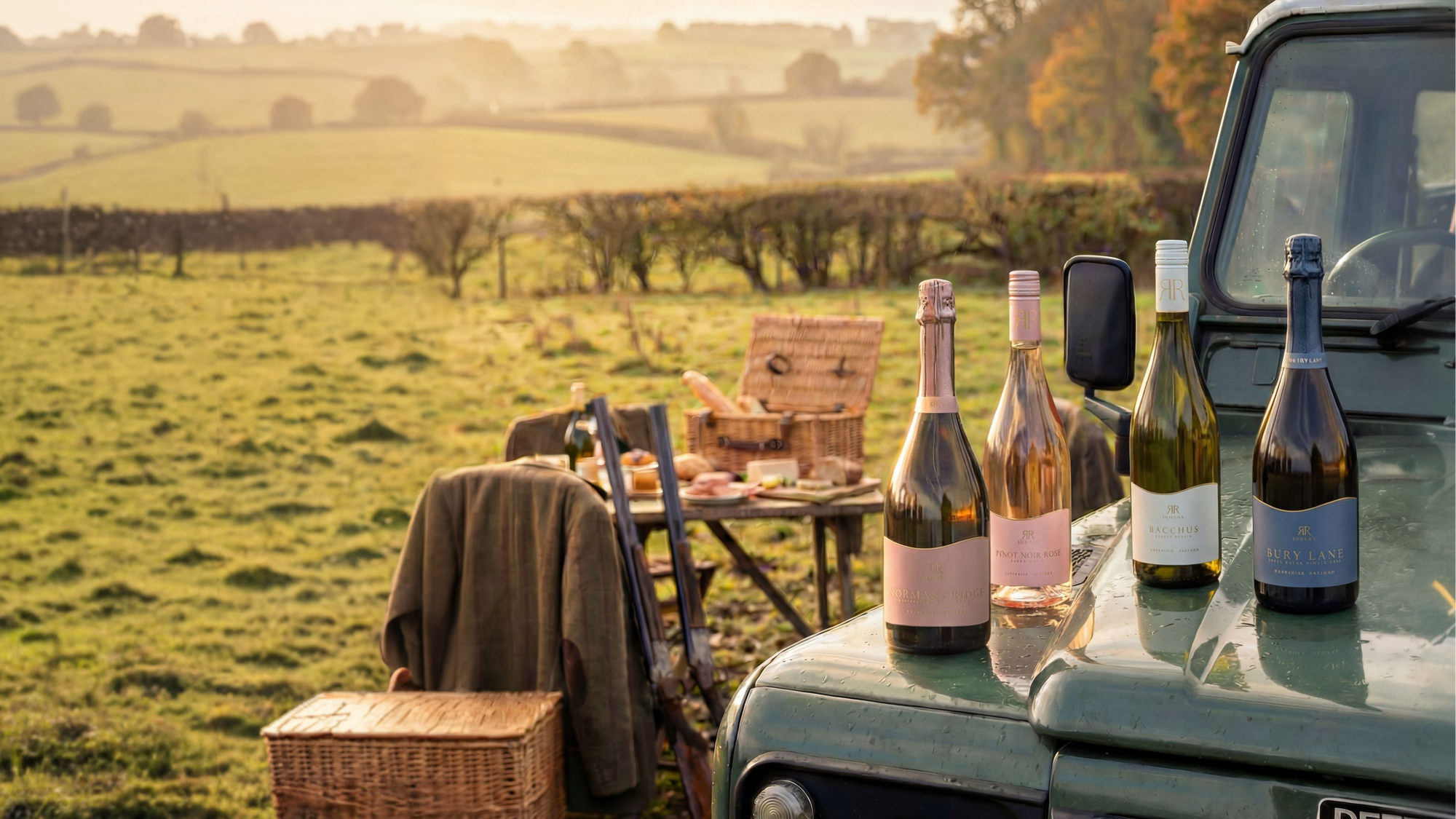 Wine bottles on a car hood with a picnic setup in a field