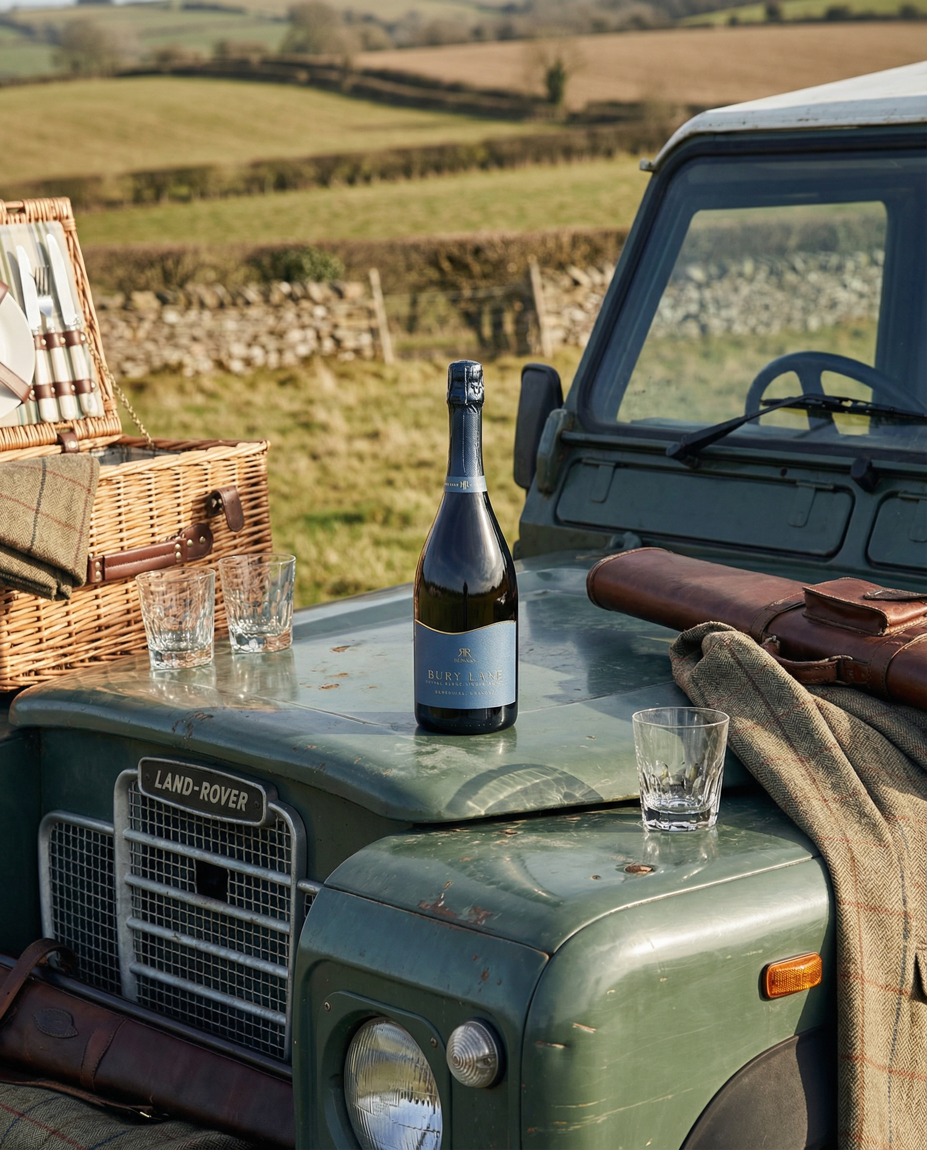 Vintage Land Rover with a bottle of Bury Lane and glasses on a scenic countryside background