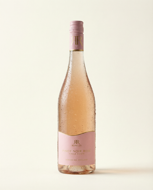 Bottle of rose wine with a pink label on a light background