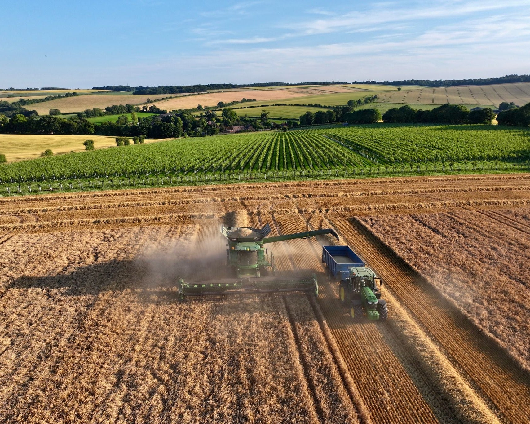 Agricultural scene with a combine harvester in a field, surrounded by greenery and blue sky.