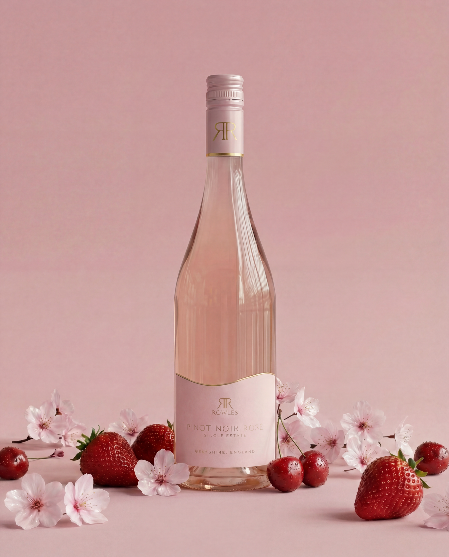 Bottle of pink wine with cherry blossoms and strawberries on a pink background