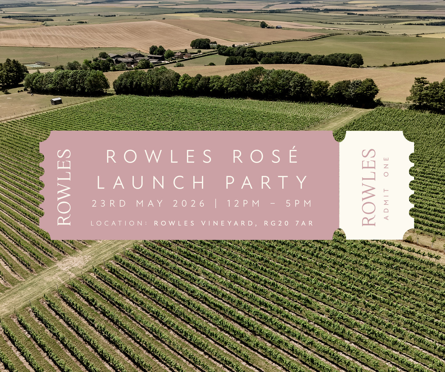 Aerial view of a vineyard with promotional text for Rowles Rosé launch party.