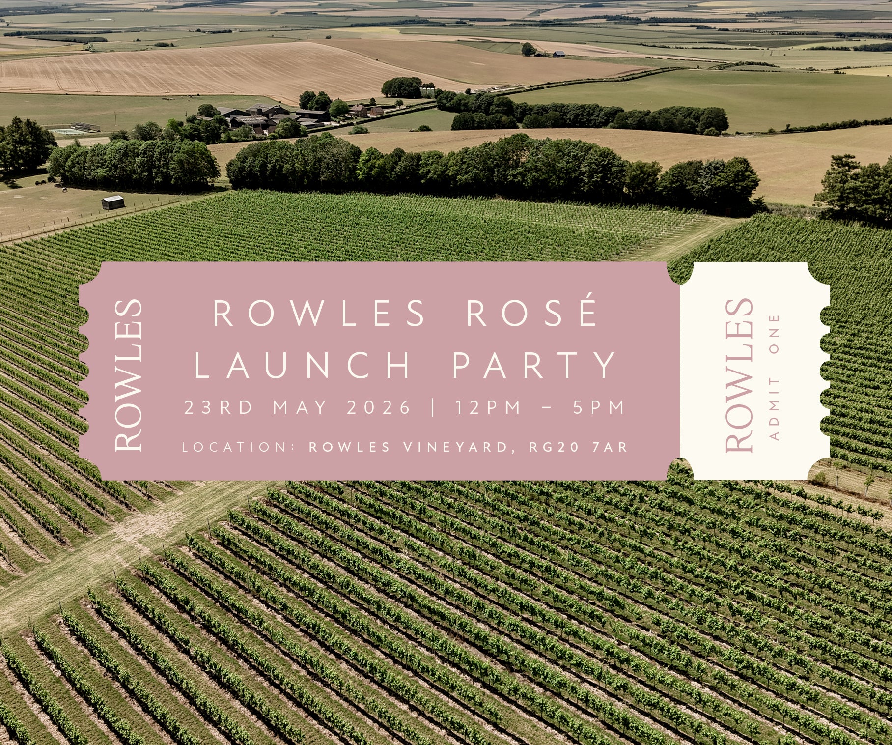 Aerial view of a vineyard with promotional text for Rowles Rosé launch party.