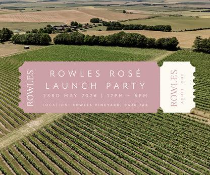 Aerial view of a vineyard with promotional text for Rowles Rosé launch party.