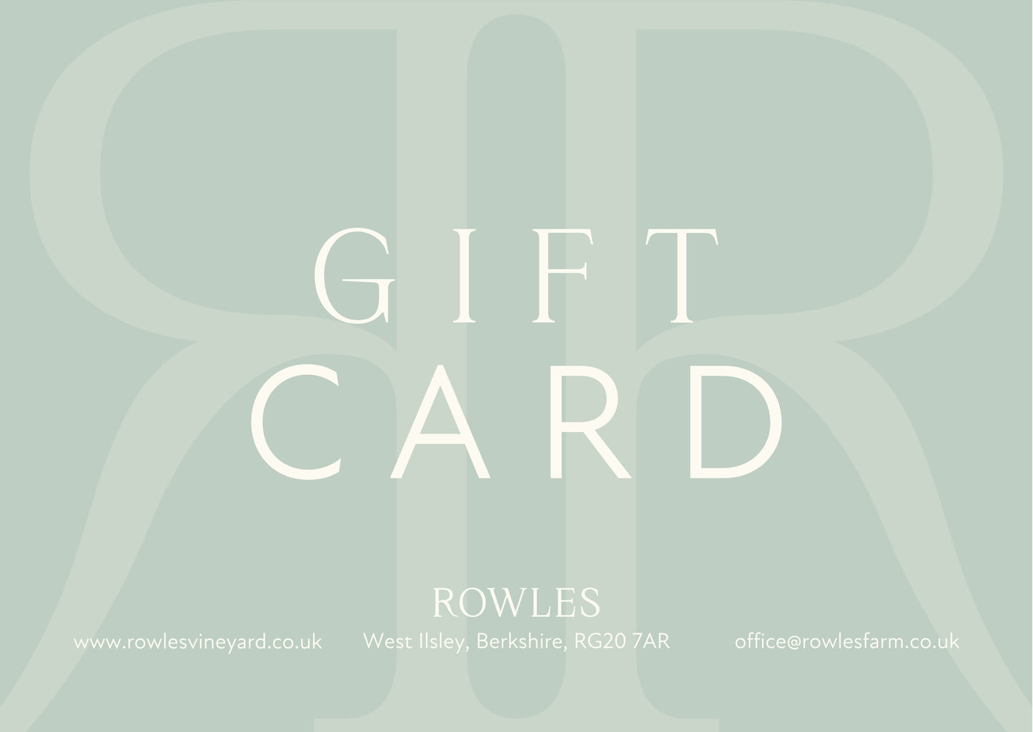 Gift card design with 'ROWLES' branding on a light gray background