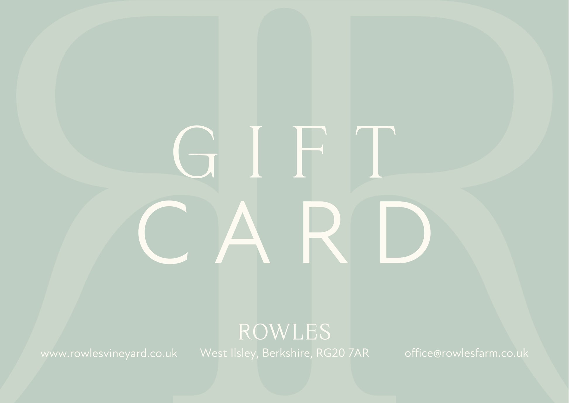 Gift card design with 'ROWLES' branding on a light gray background