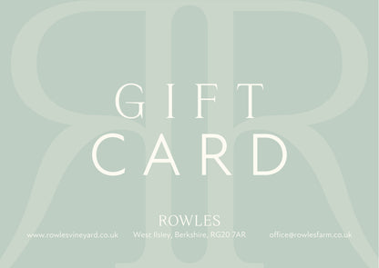 Gift card design with 'ROWLES' branding on a light gray background