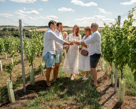 Carlise family standing in a vineyard, enjoying a wine tasting