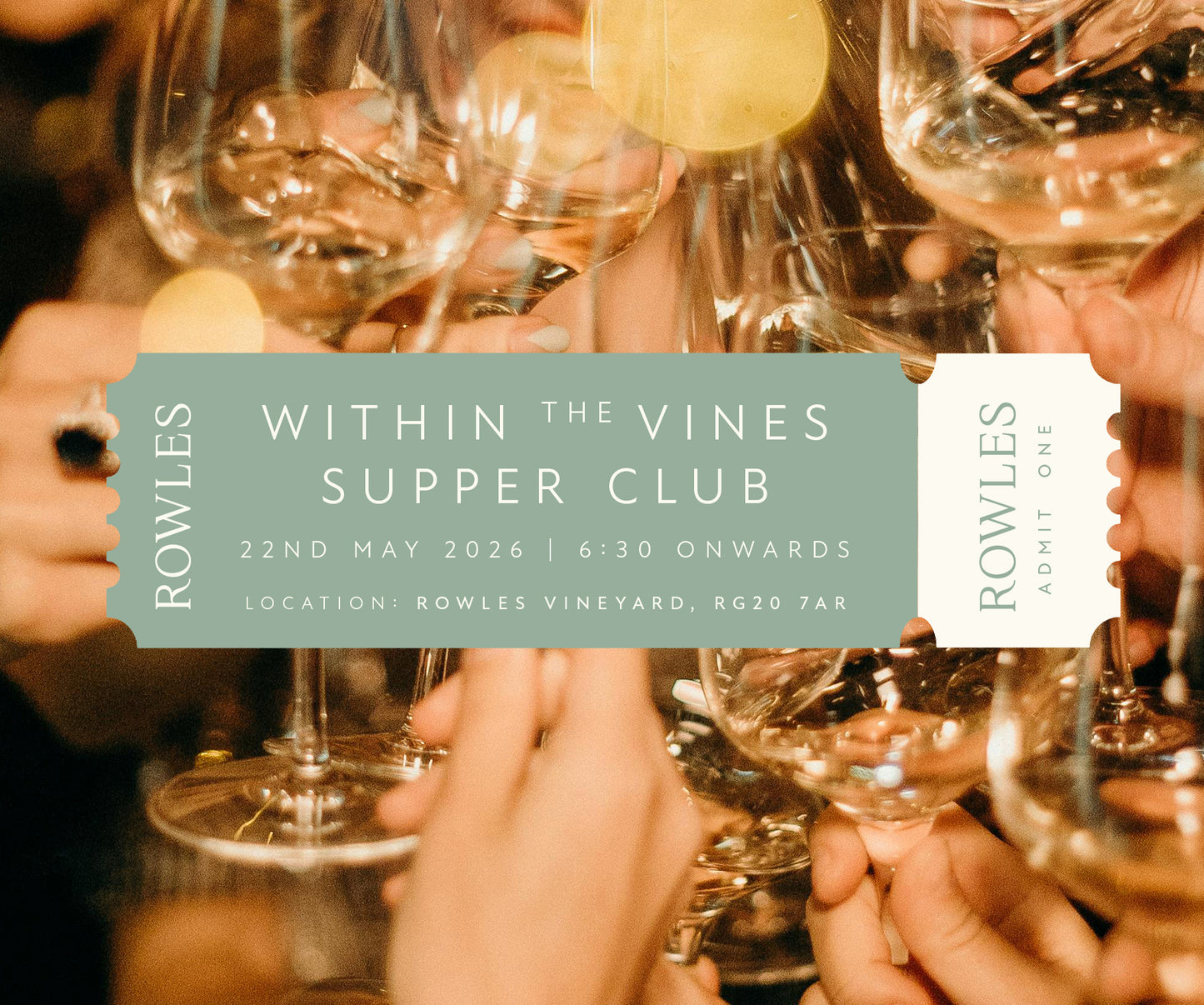 People holding wine glasses with a Rowles Vineyard event invitation overlay.