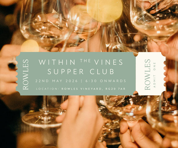People holding wine glasses with a Rowles Vineyard event invitation overlay.